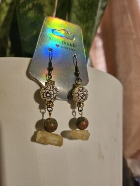Handmade Boho Dangle Earrings with Ivory Floral Beads and Yellow Citrine